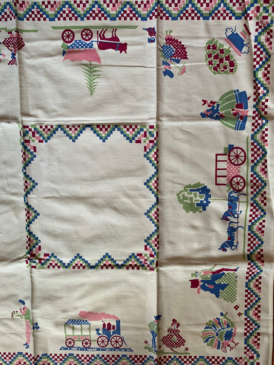 Vintage Pink and Blue steam engine Cotton Tablecloth