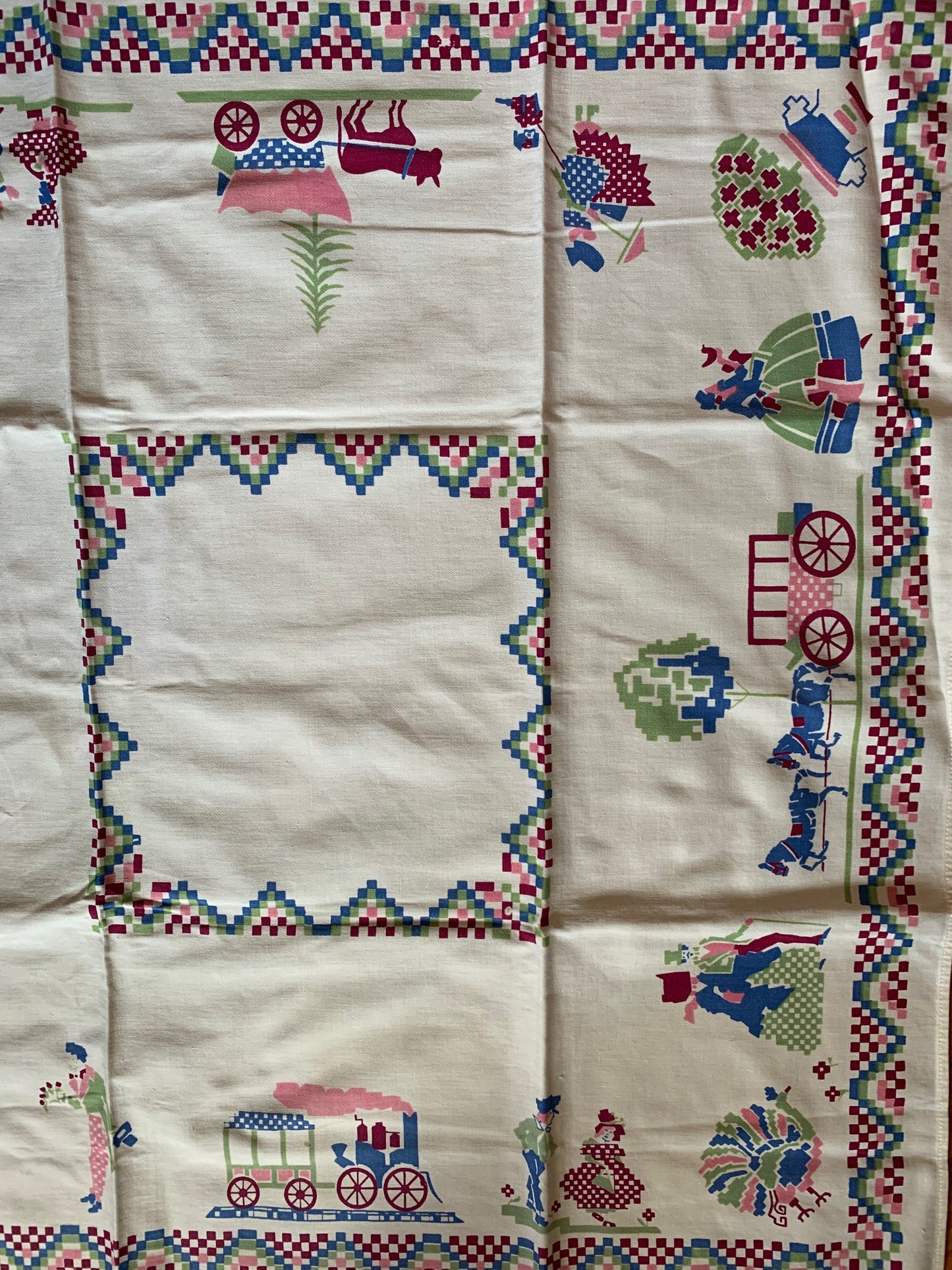 Vintage Pink and Blue steam engine Cotton Tablecloth